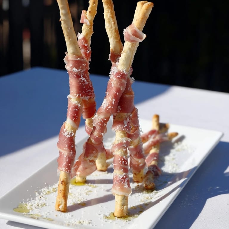 Savory Golden Gate appetizer, featuring prosciutto "bridges" between crispy breadstick structures, ready to eat.