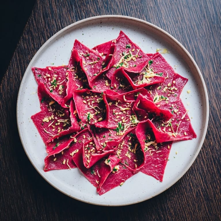 Una foto cercana de los exquisitos Origami Fold Beef, mostrando finos dobleces de carne marinada.