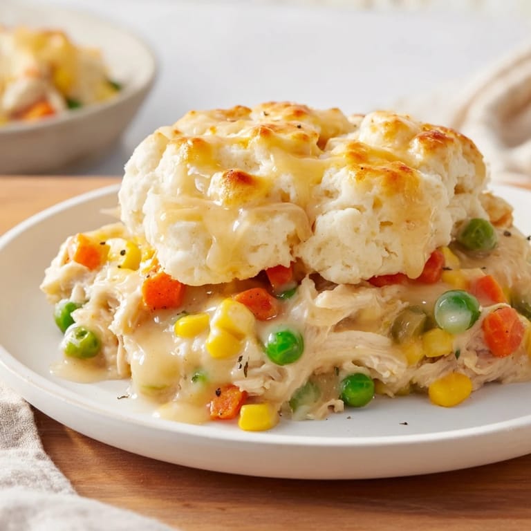 A close-up of bubbling Chicken Cobbler with Red Lobster mix, ready to eat with a fluffy biscuit topping.