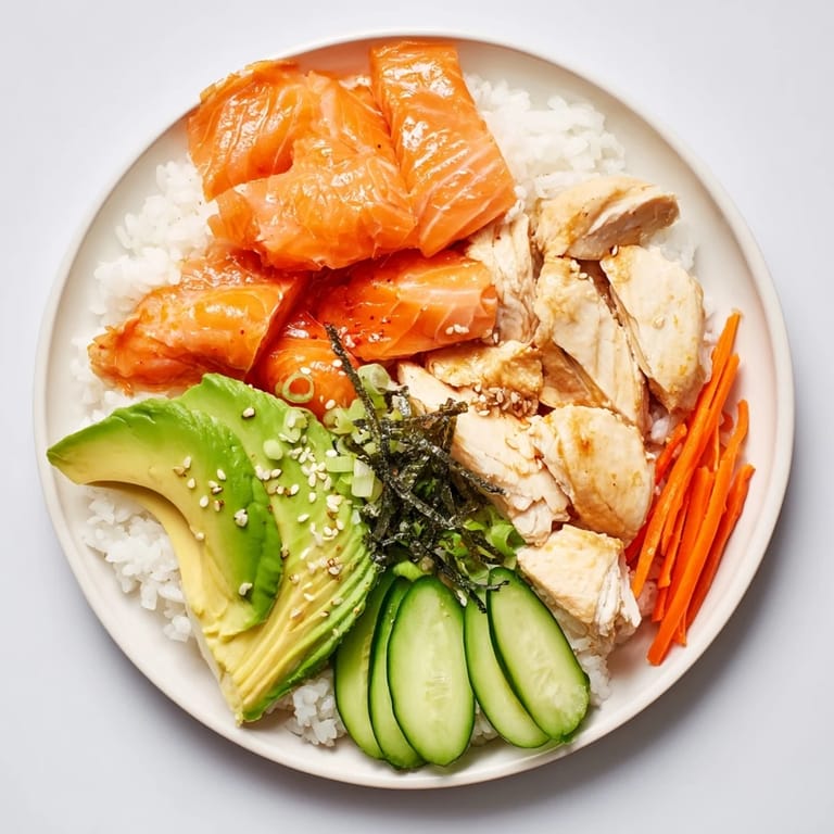 This Japanese-style Salmon & Chicken Rice Bowl features flaky salmon atop a bed of fluffy rice with avocado.