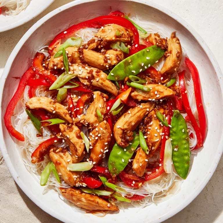 Golden-brown chicken pieces and fresh vegetables in a flavorful Mongolian Chicken with Rice Noodles stir-fry.