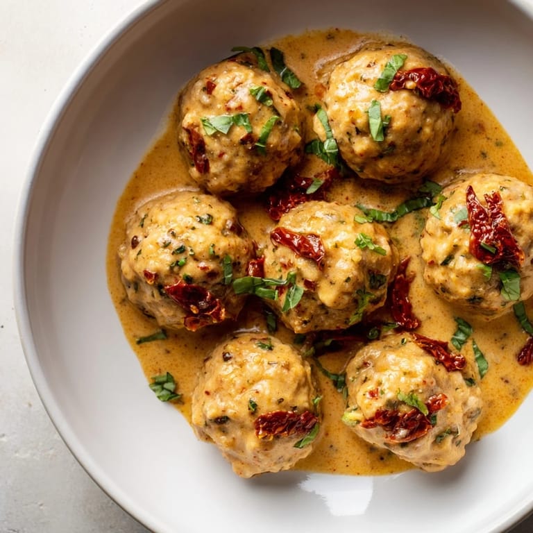 A close-up of delicious Marry Me Chicken Meatballs, coated in a luscious, vibrant parmesan sauce.