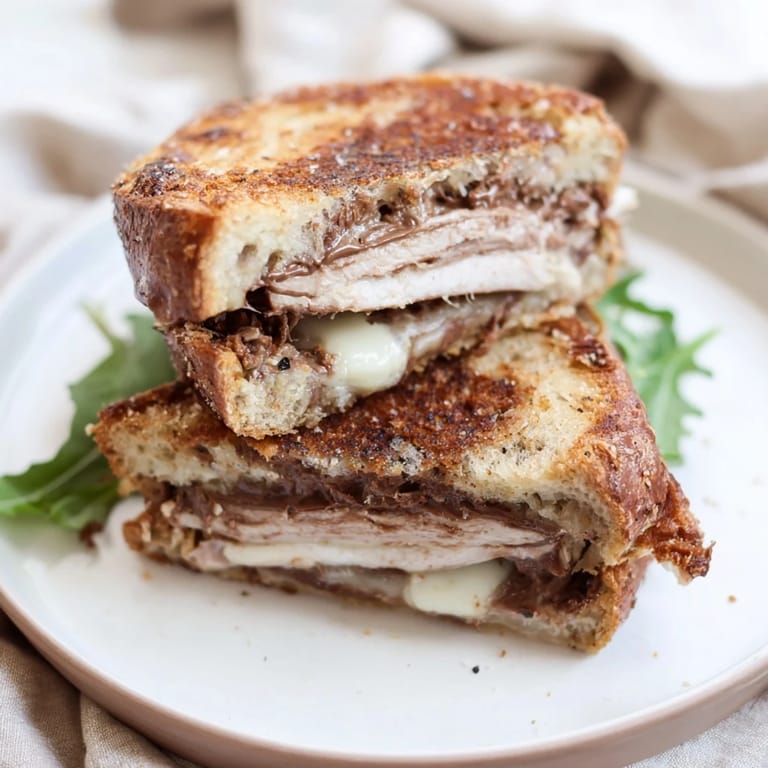 Close-up of a Nutella grilled cheese with chicken, showing layers of chicken and melted brie.