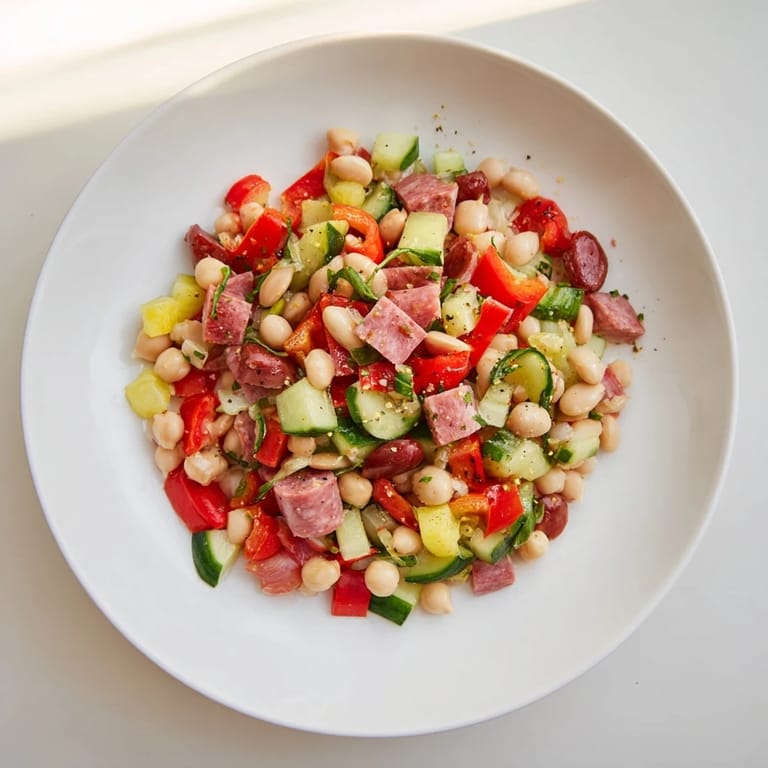 Hearty Mediterranean Dense Bean Salad with salami: a close-up showcasing fresh, chopped ingredients.