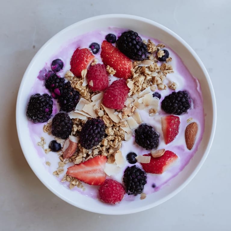 Frozen berry yogurt bark, showcasing layered yogurt with fresh berries and granola, ready to eat.