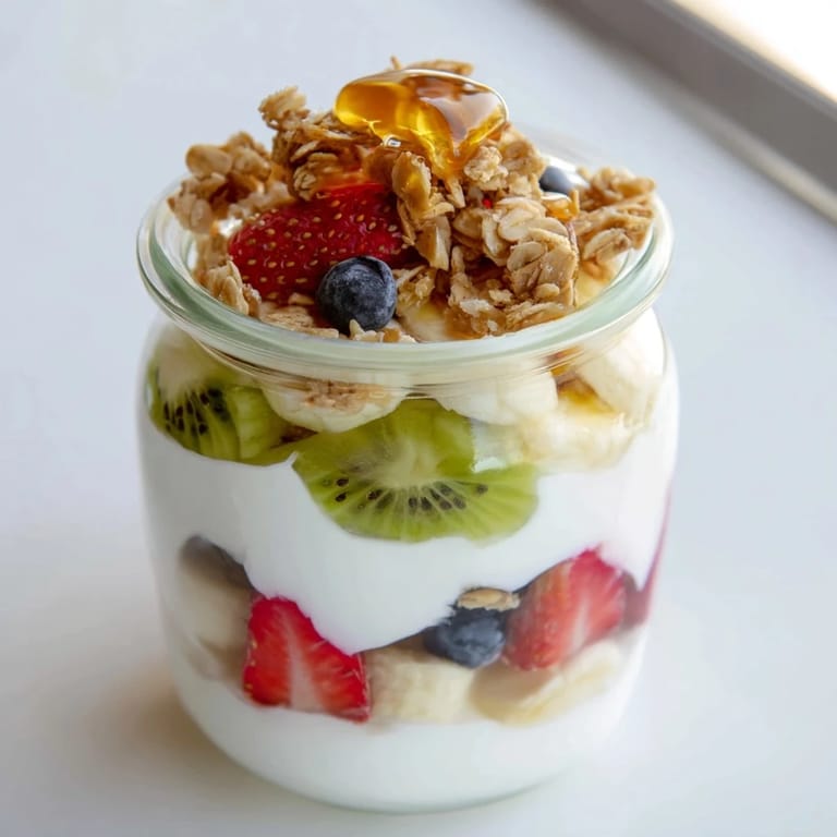 This Layered Yogurt Fruit Parfait recipe showcases a beautiful, layered breakfast cup with fresh berries and granola.