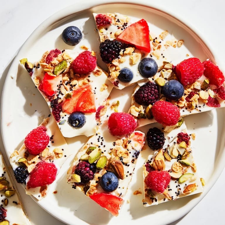 Vibrant Frozen Fruit Yogurt Bark speckled with berries, ready for a healthy and refreshing treat.