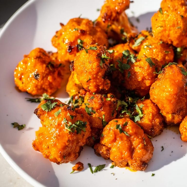 Freshly baked Buffalo Cauliflower Bites, with optional herbs and dipping sauce, a tasty snack.