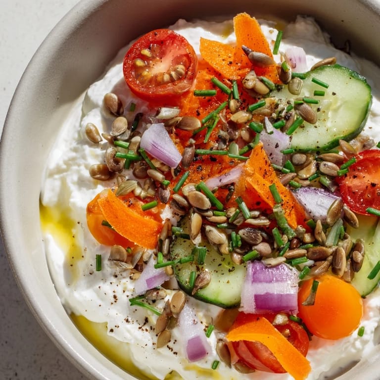 This cottage cheese snack bowl shows a protein-packed remix with crunchy veggies and savory toppings.