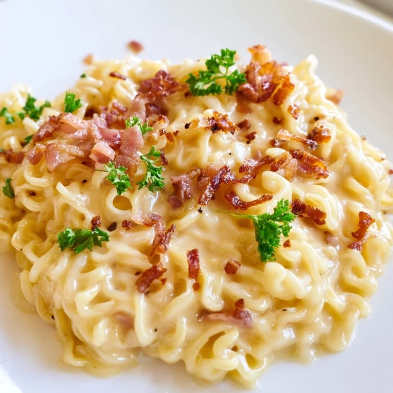 Tender Ramen Carbonara Hack featuring cooked noodles coated in a rich, cheesy, eggy sauce.