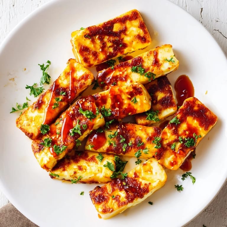 Close-up of fried Hot Honey Halloumi, showcasing the delicious, syrupy hot honey drizzle.