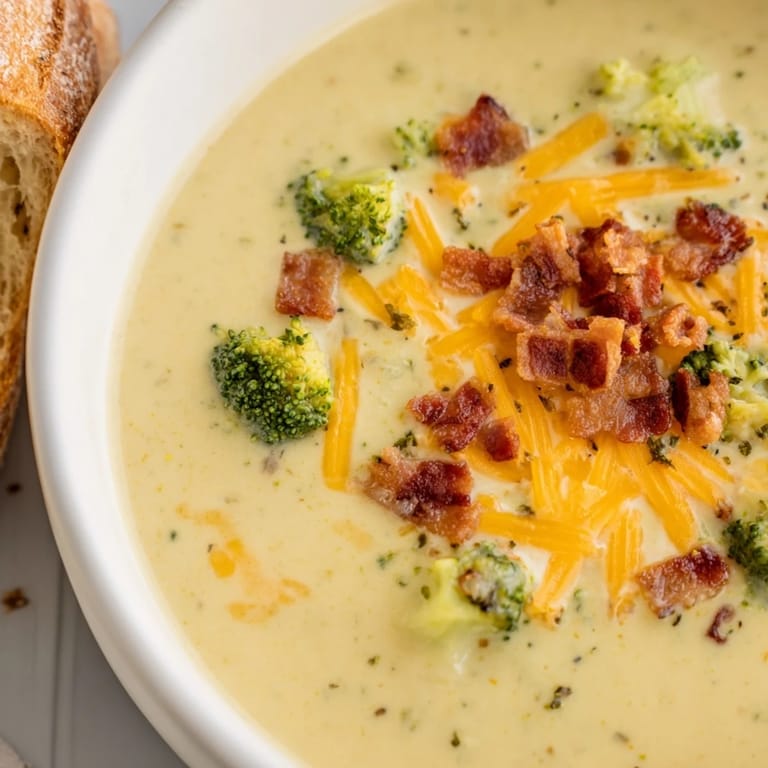 Close-up of a rich broccoli cheddar soup; the melted cheese is delightfully stringy.