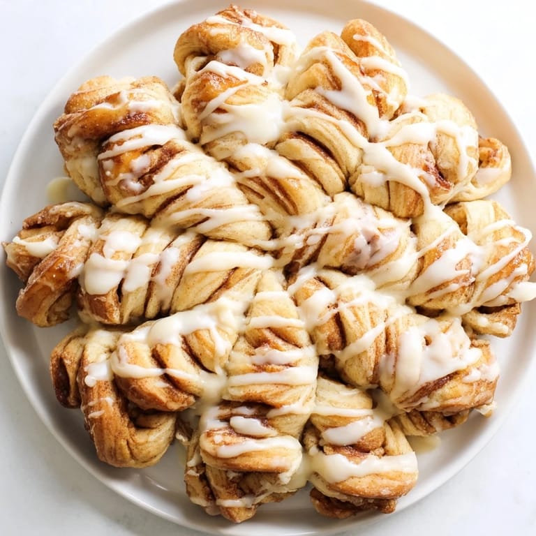 Warm, pull-apart Cinnamon Roll Snowflake, showing swirls of cinnamon sugar baked to perfection, perfect for a winter breakfast.