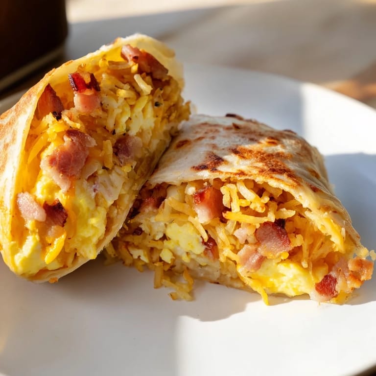 Warm, appetizing B.E.C. Breakfast Bites, showing a close-up of the delicious ingredients inside the tortilla.