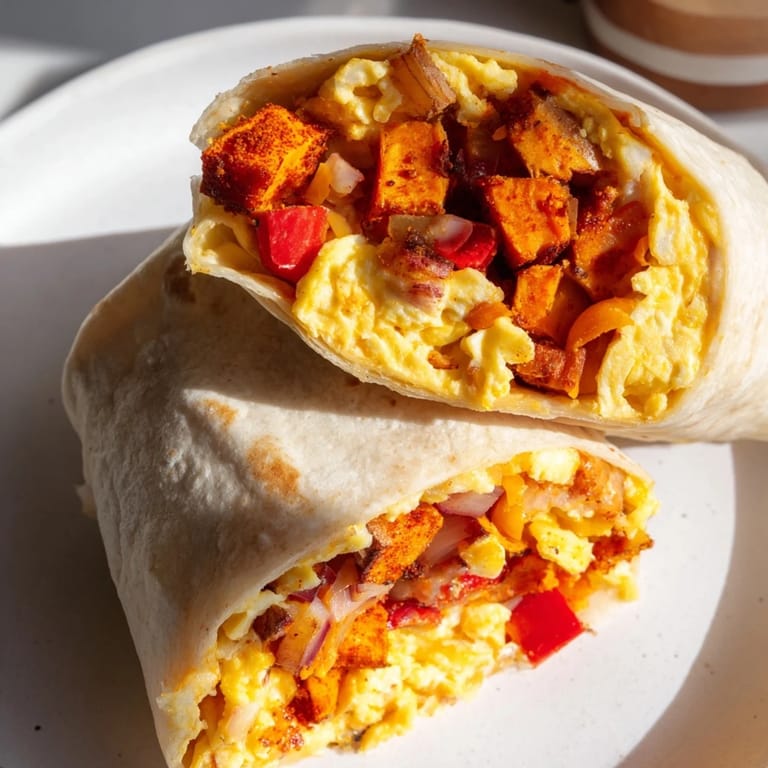 Fluffy scrambled eggs and melted cheese inside these satisfying Sweet Potato Breakfast Burritos.