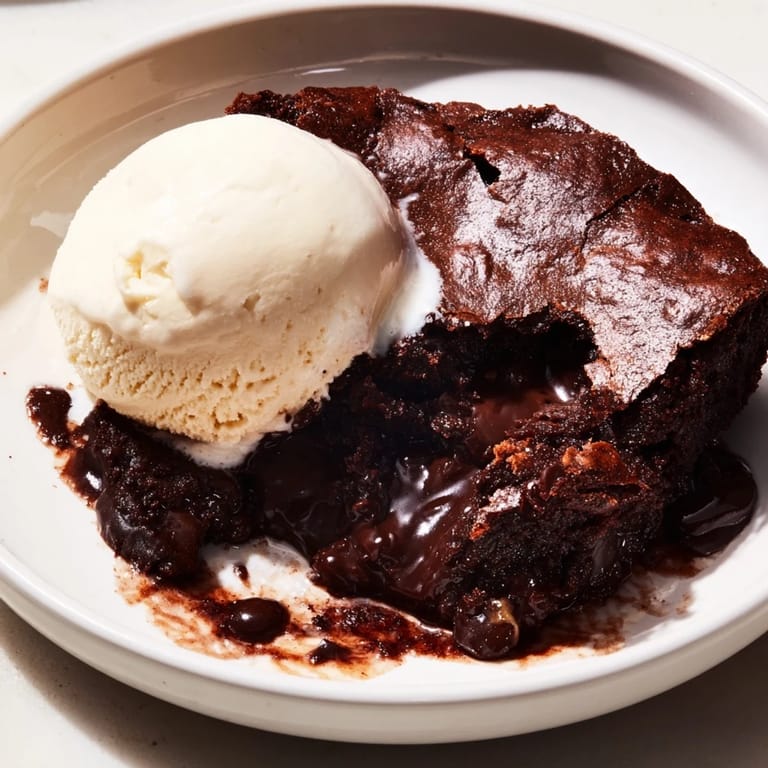 Warm, rich Ina Garten Brownie Pudding with a scoop of vanilla ice cream, perfect dessert for gatherings.