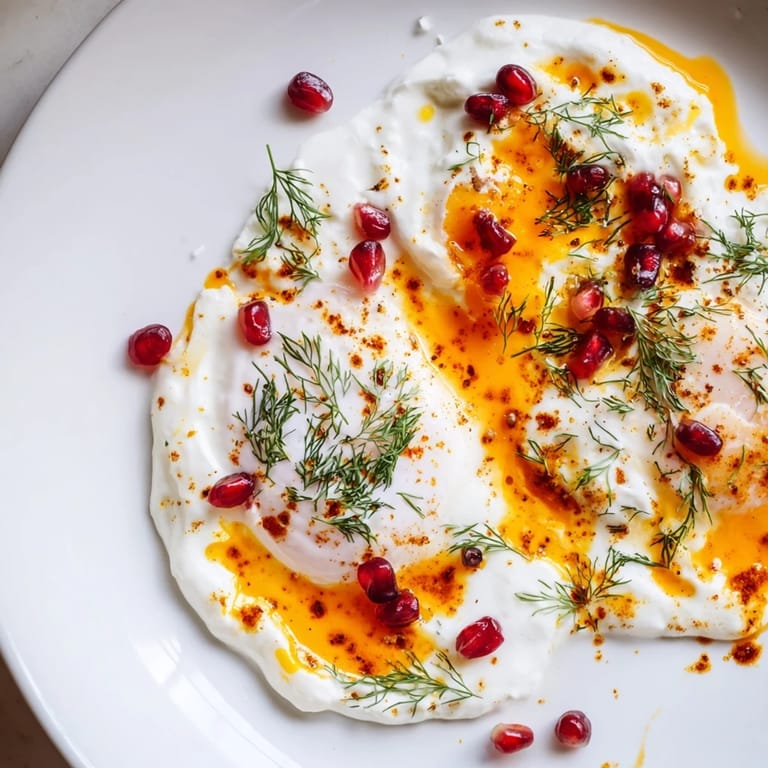 A plate of vibrant Çılbır with sumac butter and bright red pomegranate seeds.