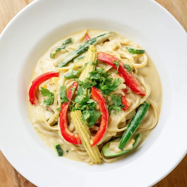 Close-up of a delicious and fragrant Thai Curry Pasta, ready to devour with fresh cilantro garnish.