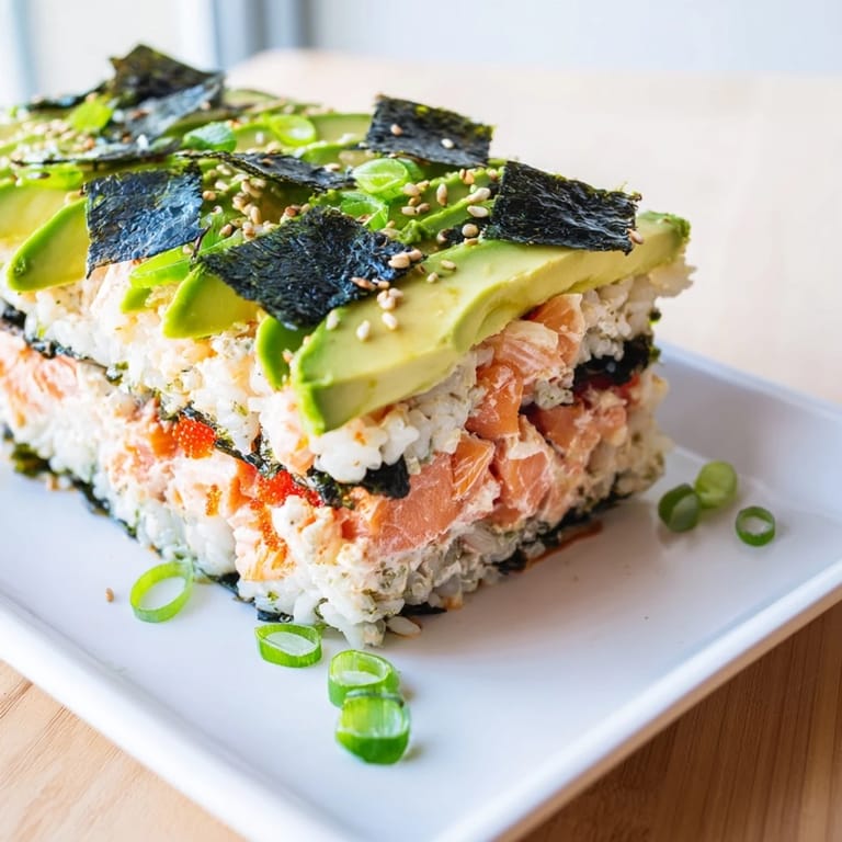 Deconstructed Sushi Bake casserole with creamy avocado and nori, perfect for a flavorful weeknight meal.
