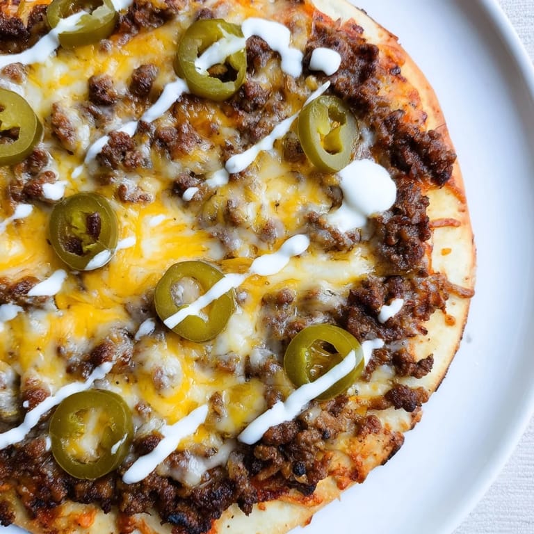Savory ground beef taco pizza with bubbly cheese, jalapeños, and a creamy sour cream drizzle.