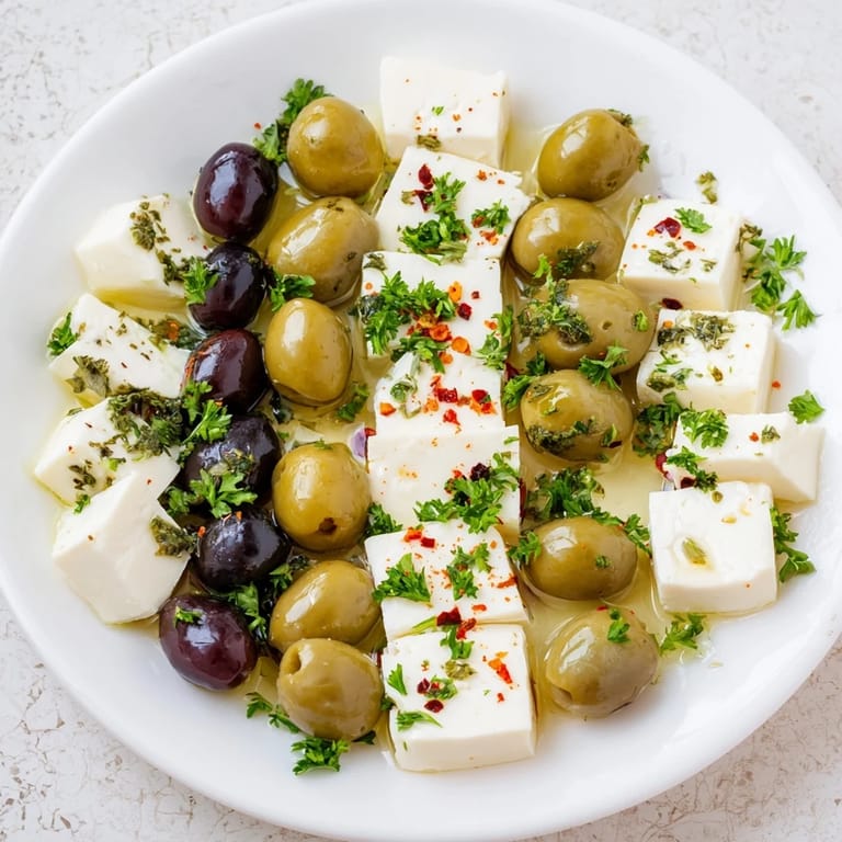 Delicious Turkish Olives & Cheese Board featuring brined olives, with feta, white cheese, and warm pita.