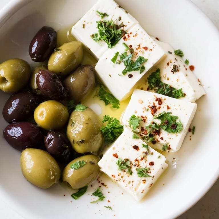Bright photo of a Turkish Olives & Cheese Board, a perfect vegetarian appetizer, ready for sharing with friends.