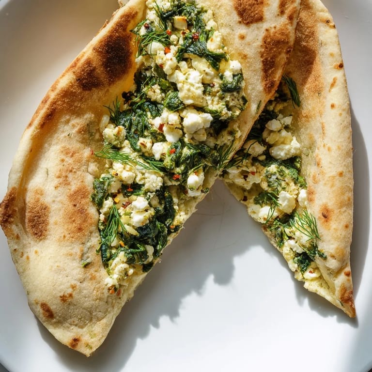 A close-up view of a pan-seared Turkish Spinach & Feta Flatbread, crispy, and ready to enjoy as lunch.