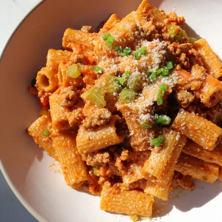 A steaming bowl of kimchi ragu pasta, rich with a blend of Korean and Italian flavors.