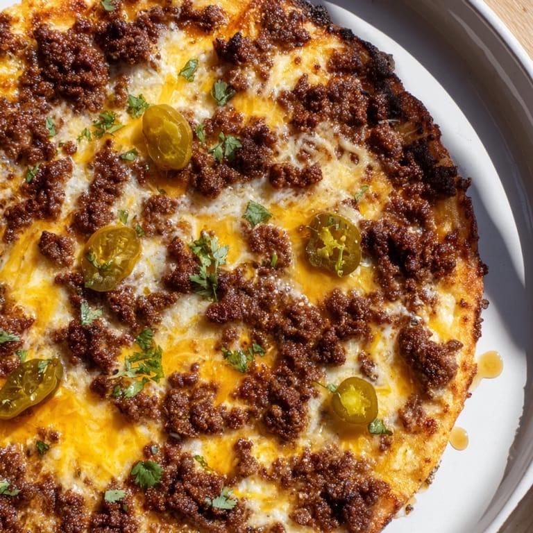 Close-up of a bubbling Spicy Ground Beef Pizza, drizzled with hot honey and fresh herbs.