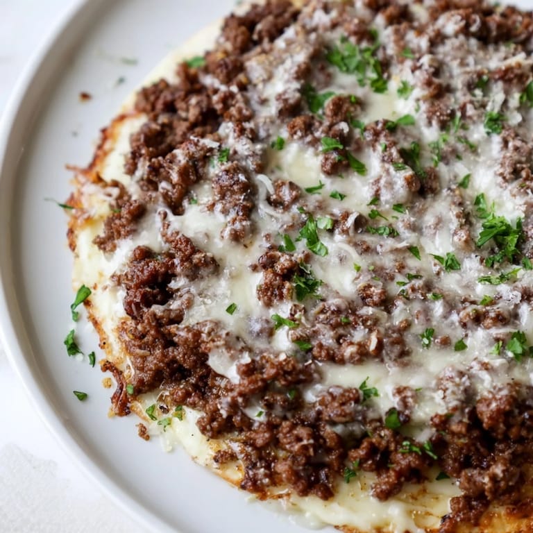 This Ground Beef Alfredo Pizza shows a close-up of melted cheese with savory ground beef and herbs.
