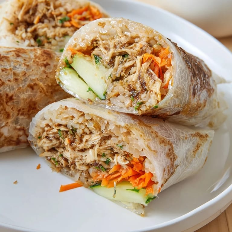 Close-up of crispy, golden Garlicky Pulled Chicken Wraps filled with fresh vegetables, ready to eat.