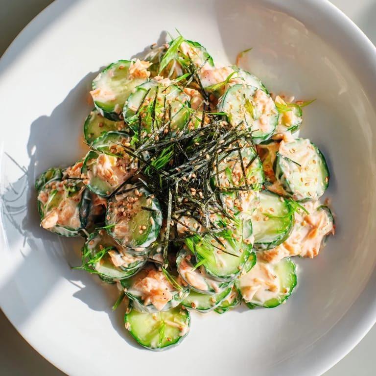 Creamy California Roll Cucumber Salad, a close-up highlighting textures of fresh cucumbers and flavorful dressing.