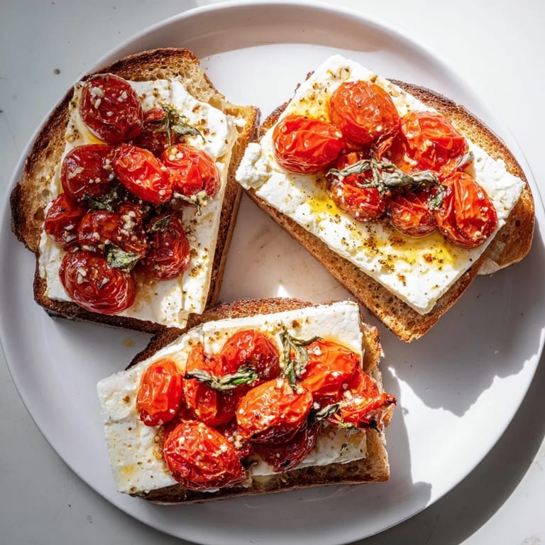 Golden, bubbly Baked Feta Toast with melted cheese and vibrant tomatoes, perfect for sharing.