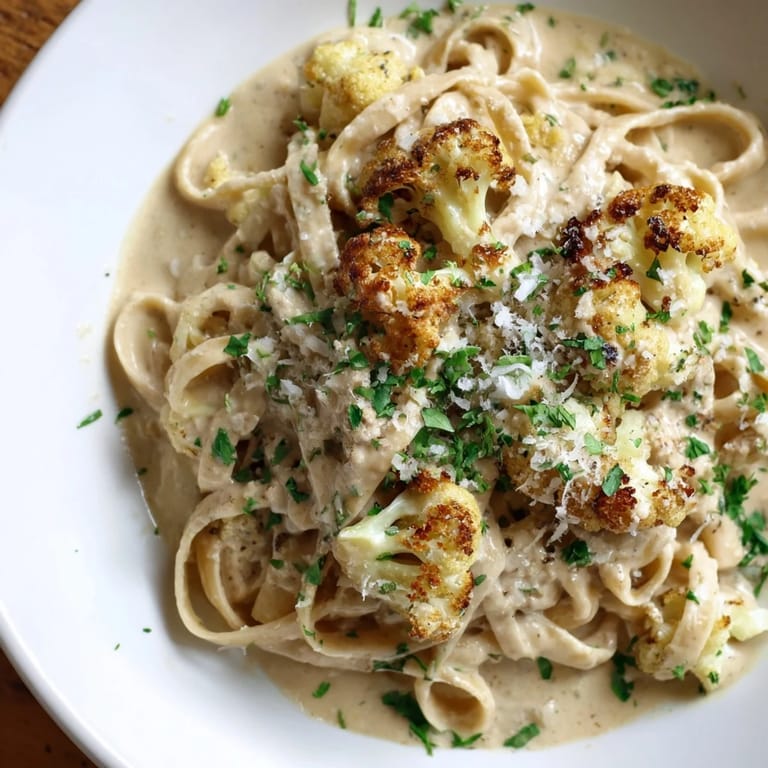 Golden roasted cauliflower and garlic blend into a smooth Alfredo sauce, served with pasta, ready for a delicious Italian-inspired dinner.