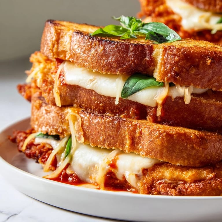 A close-up of a Chicken Parm Grilled Cheese, perfectly grilled with melted cheese and fresh basil.