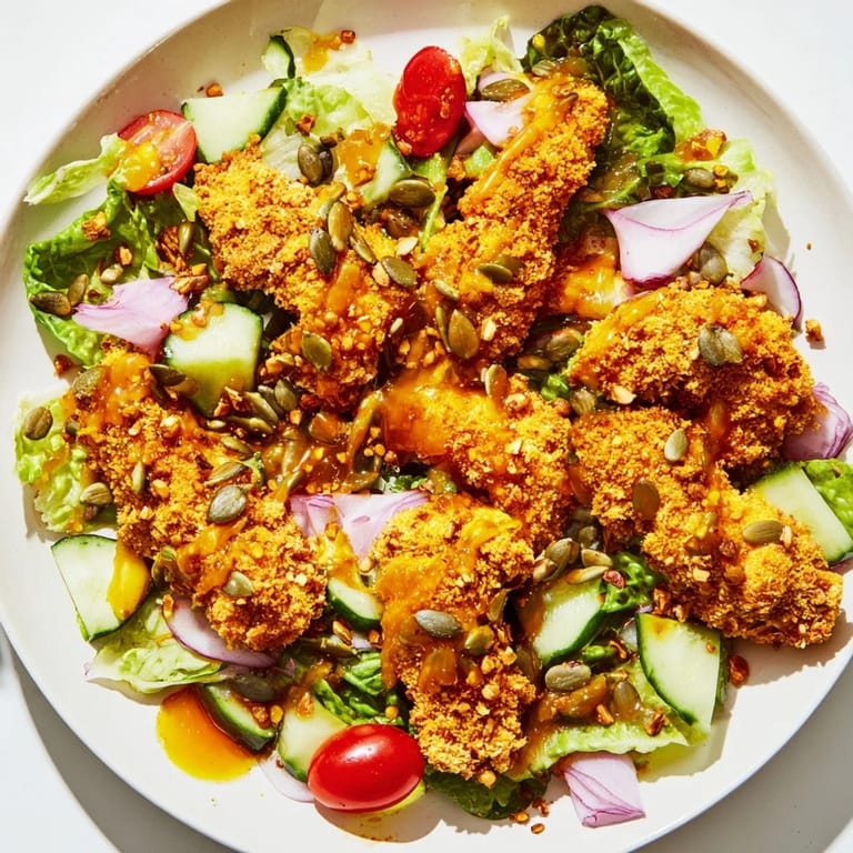 Golden, crispy chicken bathed in spicy hot honey, part of a refreshing salad.