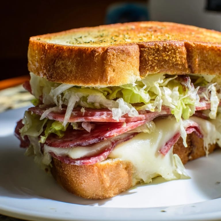 Sizzling Italian Sub Grilled Cheese, golden-brown bread filled with savory meats and tangy lettuce.