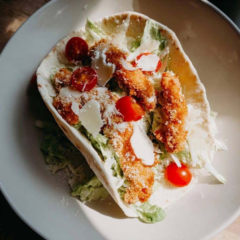 Warm, soft pita filled with savory, air-fried chicken; a perfect Crispy Chicken Caesar Pita.