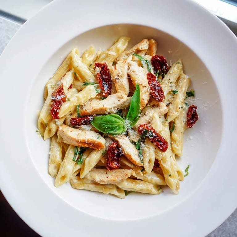 Golden chicken pieces in a creamy sauce over penne pasta, a perfect Creamy Sun-Dried Tomato Chicken Pasta meal.
