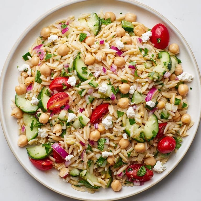 A big bowl of refreshing Lemony Chickpea Orzo Salad, perfect for a picnic with fresh ingredients.