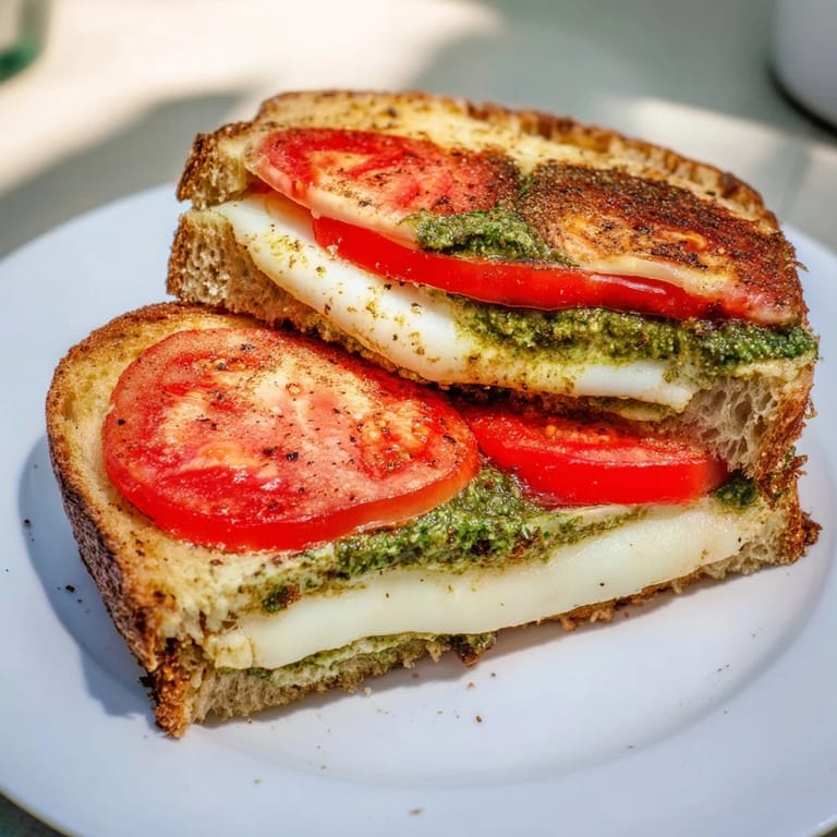 Close-up of a delightful Caprese Pesto Grilled Cheese, with crispy bread and oozing cheese.