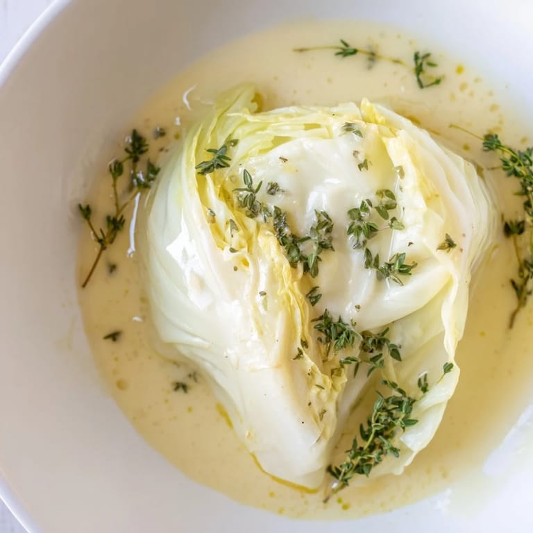 Steamed Herby Cabbage in Parmesan Broth with chives and thyme in a rustic bowl.