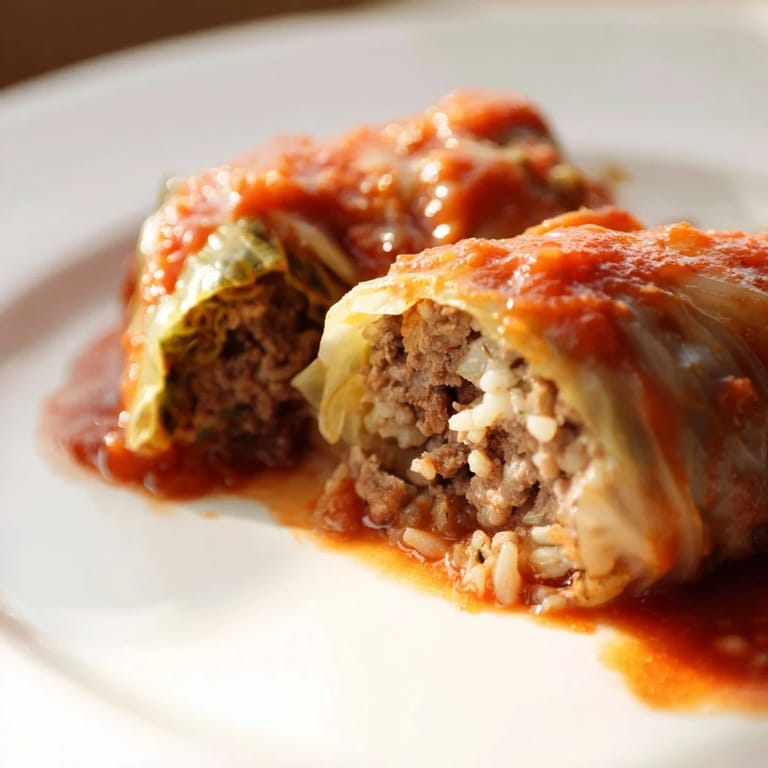 Tender cabbage rolls served hot from the oven, garnished with fresh parsley and a dollop of sour cream on a rustic plate.
