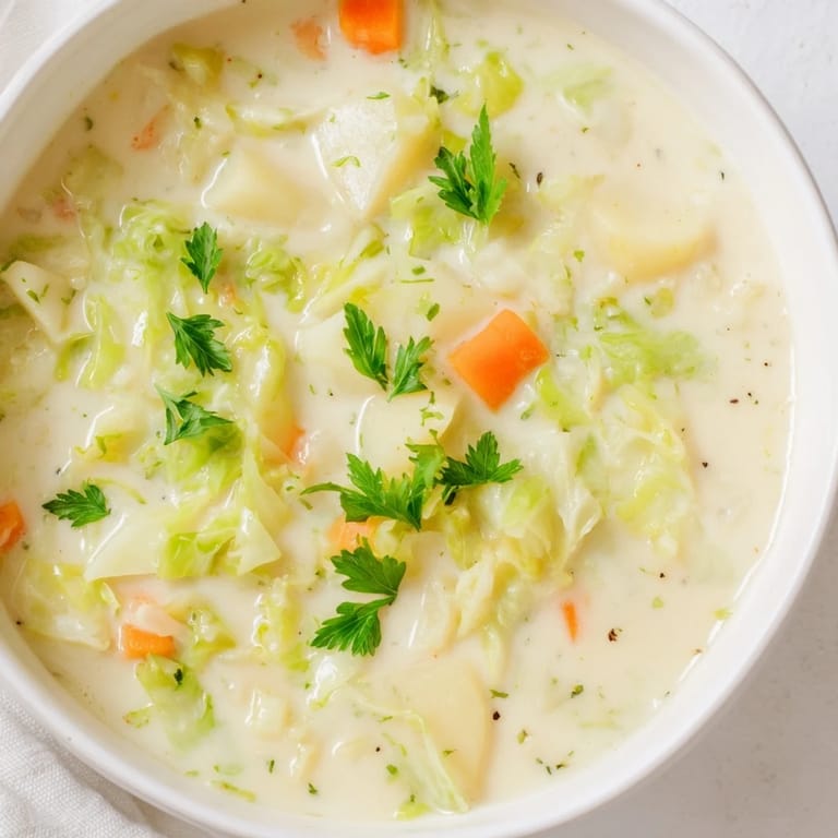 Sopa cremosa de papas y repollo, servida caliente en un tazón rústico con pan crujiente a un lado.