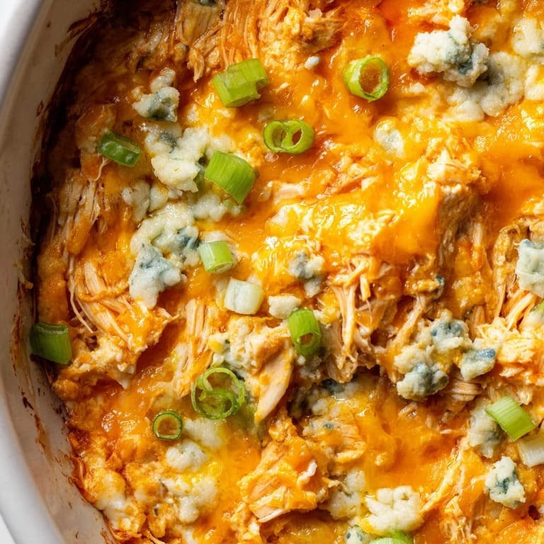 Vista cenital de Buffalo Chicken Dip recién horneado, burbujeante y dorado con cebollino fresco y alitas de pollo tiradas.
