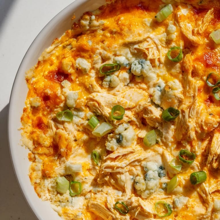 Plato acogedor de Buffalo Chicken Dip servido caliente sobre tostadas, perfecto para un domingo de NFL.