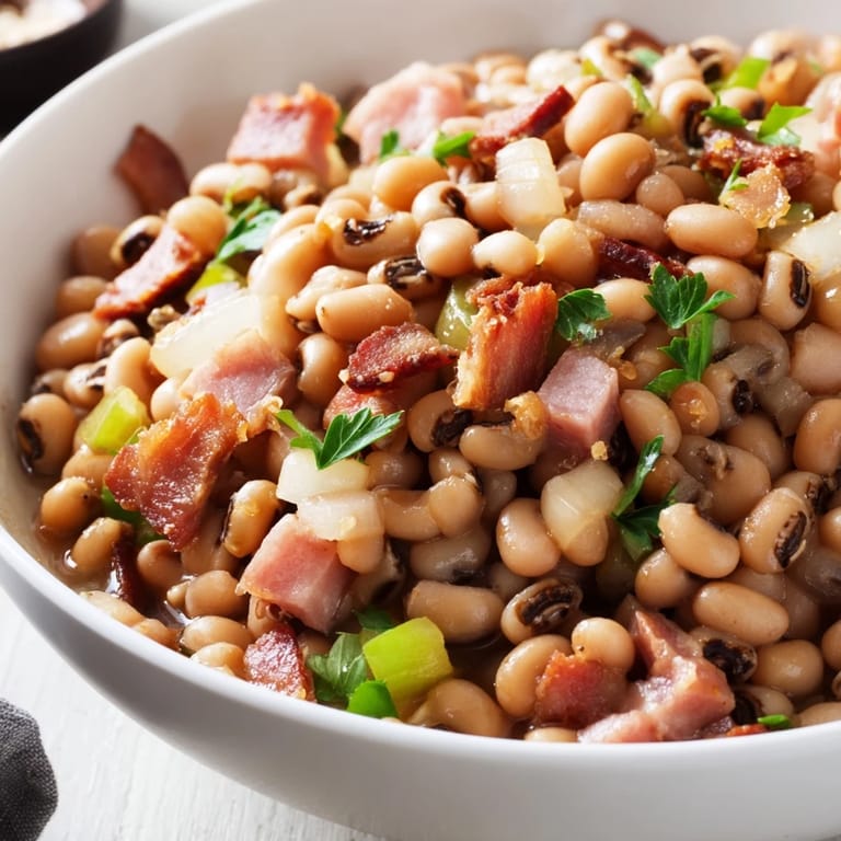 Hearty Southern-Style Black-Eyed Peas served in a rustic bowl, ready to be topped with hot sauce alongside cornbread.