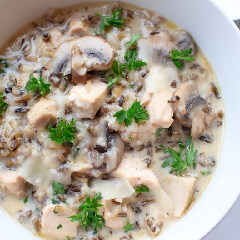 Sopa caliente de arroz salvaje y pollo con espinacas y champiñones, con un toque de queso Parmesano recién rallado para servir.