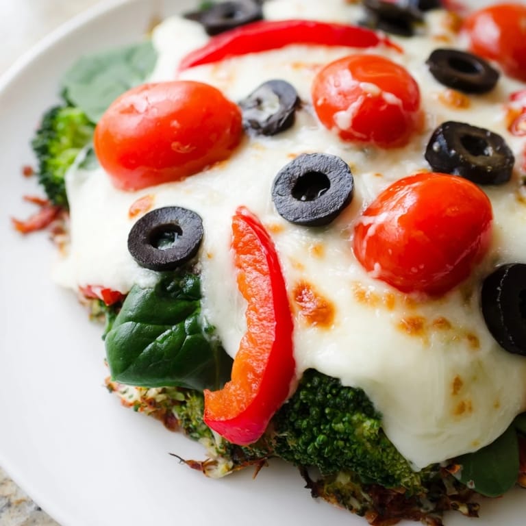 Deliciosa Broccoli Chicken Crust Pizza servida con hojas de albahaca y salsa de tomate