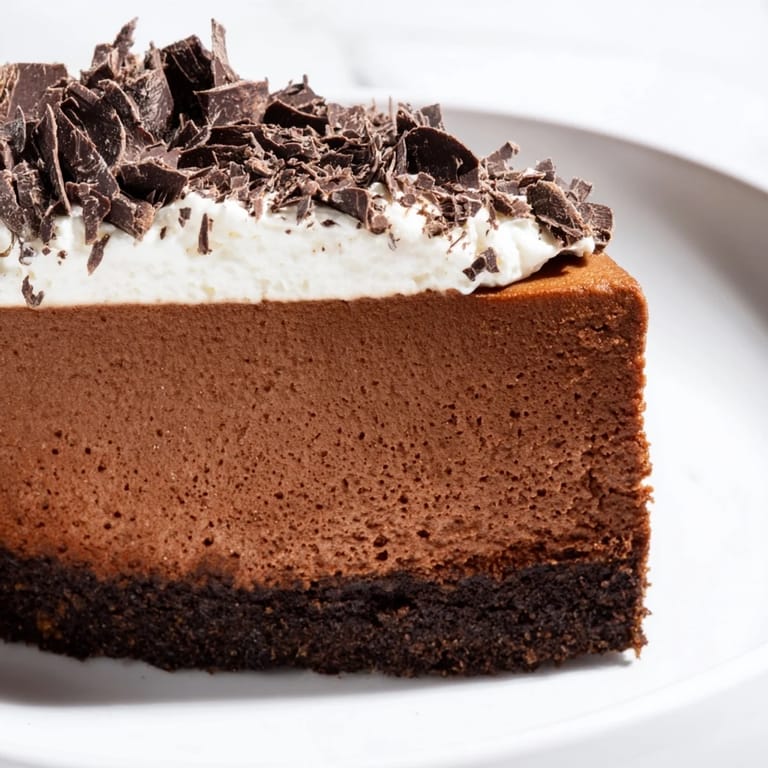 Un primer plano del cheesecake de chocolate elaborado con queso cottage, mostrando su suave y sedosa superficie en una base graham cracker.